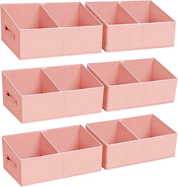 DIMJ Large Closet Shelf Organizer Bins 6 Packs with Handles and Divider, Fabric Trapezoid Storage Baskets, Foldable Clothes Containers Box for Shelf, Towel, Book, Toy, Purse, Hats, Pink