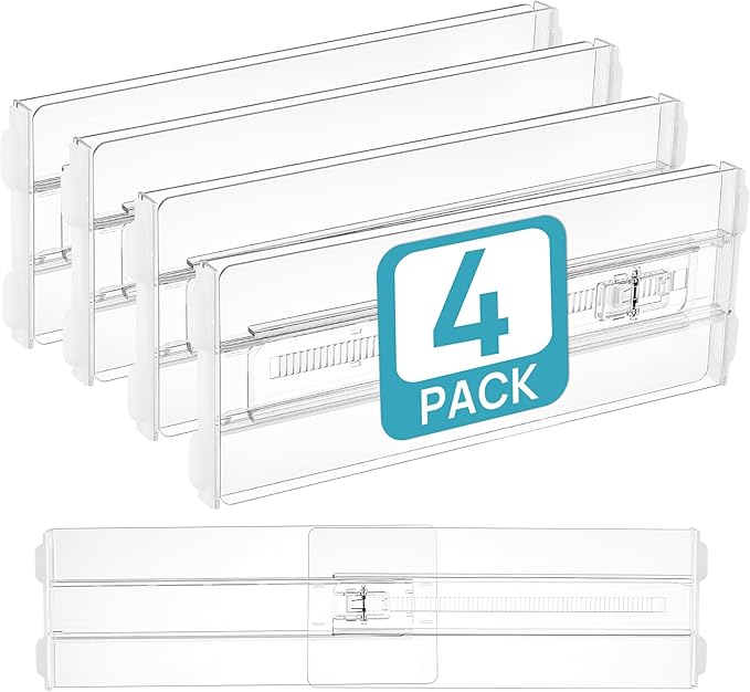 Vtopmart 4 Pack Drawer Dividers for Clothes, 4" High 10.2"-16.6" Adjustable Expandable Dresser Drawer Organizer, Clear Plastic Separators for Dresser, Baby Clothing, Underwear, Cosmetic, Toiletries
