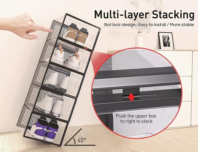 Kuject XX-Large Shoe Storage Boxes Organizers Clear Plastic Stackable 12 Pack, Shoe Rack & Holder Substitute, Sneaker Containers, Toy Storage Organizer Bins for Entryway, Closet, Under Bed, Black