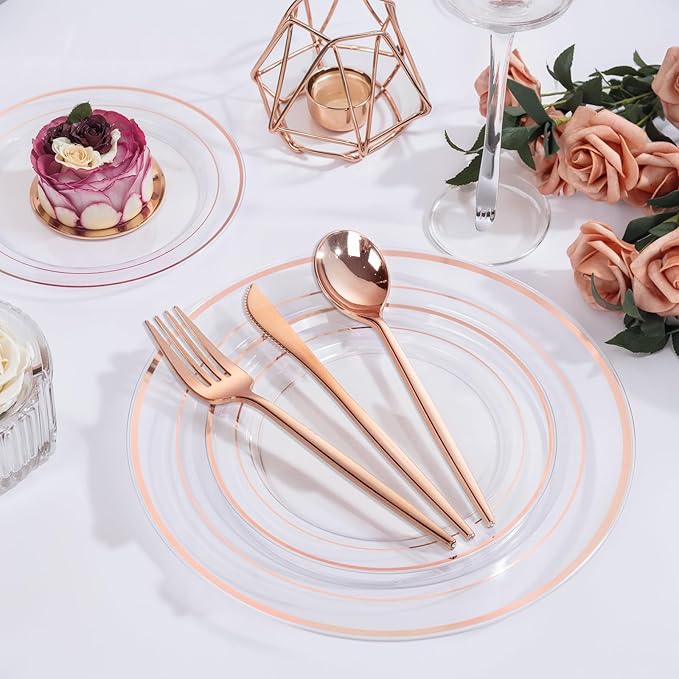 PULOTE 150PCS Rose Gold Plastic Silverware Set - Heavy Duty Rose Gold Utensils - Plastic Cutlery Disposable - Include 50 Forks, 50 Knives, 50 Spoons for Party & Wedding