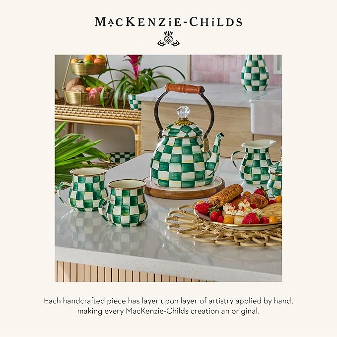 MACKENZIE-CHILDS Enamel Squashed Pot, Cute Enameled Container with Lid, 20 Ounces, Green-and-White Emerald Check