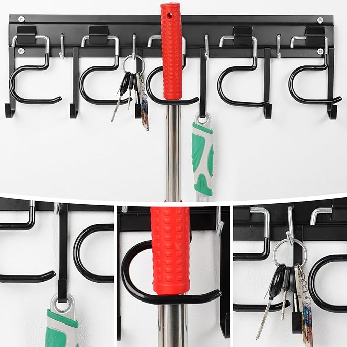 LEYU Metal Garage Tool Organizer Wall Mount, 2 Pack Garden Tool Organizer With Extension Cord Straps, Garage Organization Hooks and Hangers for Shed, Yard Storage, Wall Holder for Hanging Broom Mop