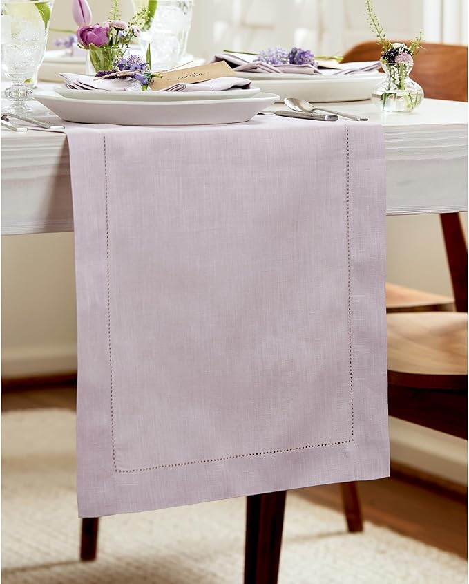Solino Home Linen Lilac Table Runner 132 Inches Long - 100% Pure Linen Extra Long Table Runner 14 x 132 Inch for Christmas, New Year - Classic Hemstitch