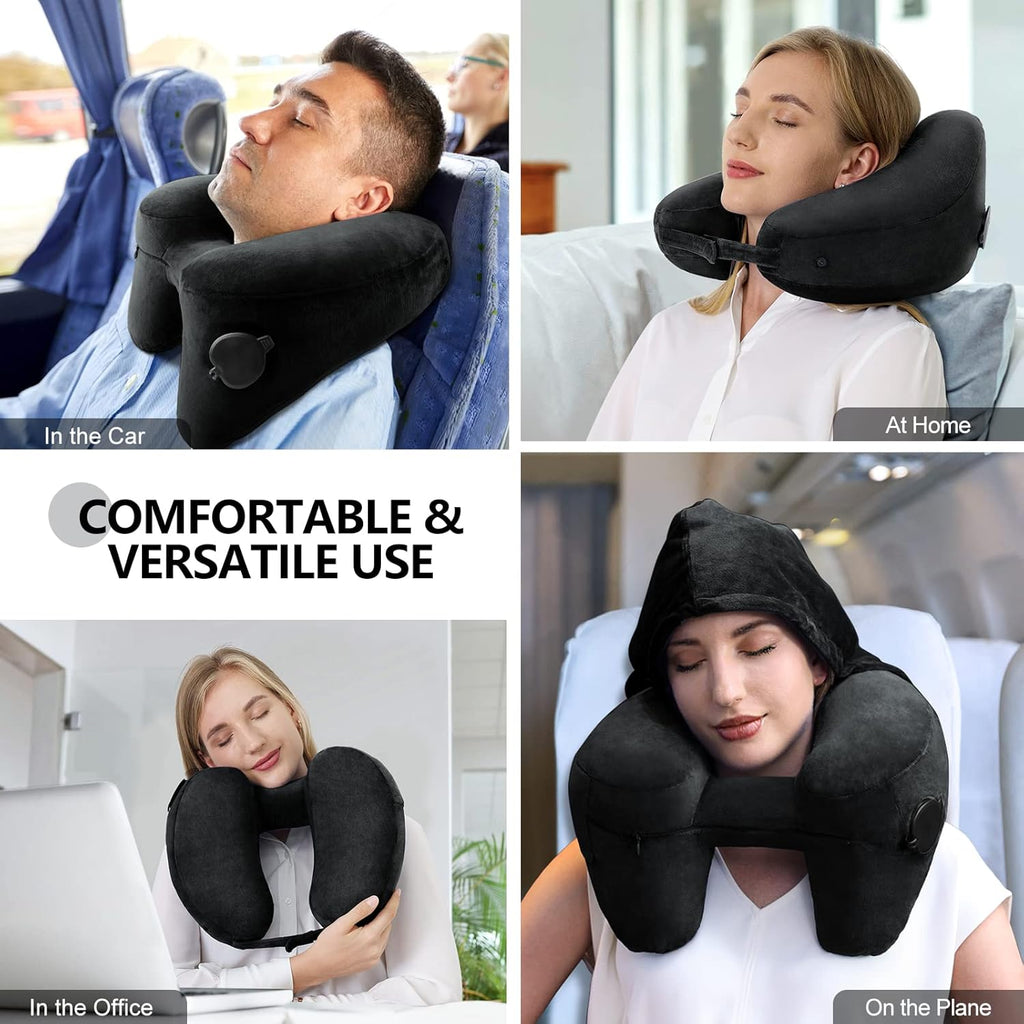 Neck Pillow for Travel Inflatable Airplane Pillow Comfortably Supports Head,Neck and Chin,Inflatable Travel Pillow with Soft Velour Cover,Hat,Portable Drawstring Bag (Black)