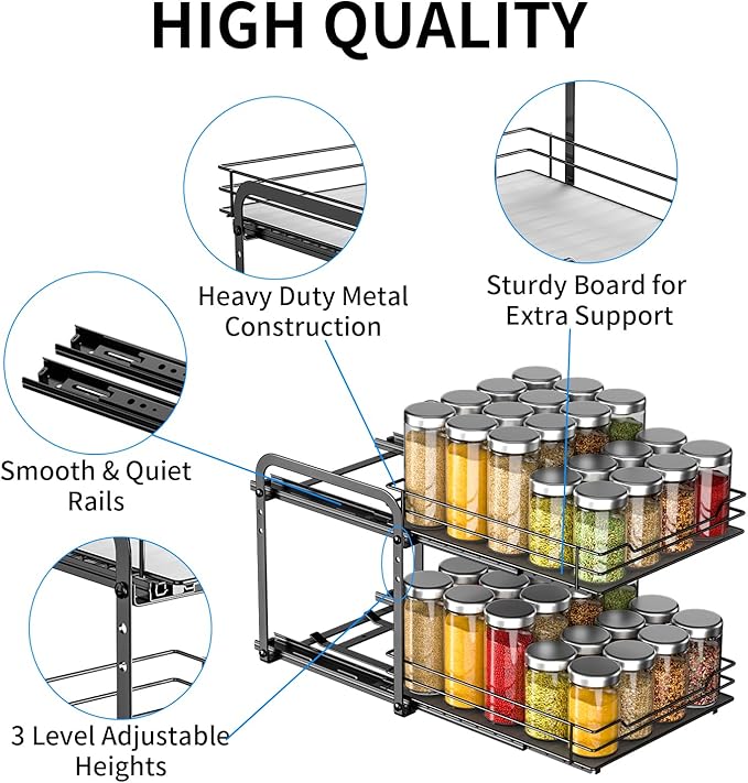 RCHYFEED Spice Rack Organizer for Cabinet, 2 Tier Pull Out Spice Racks for Inside Cabinets & Pantry, Height Adjustable Heavy Duty Vertical Spice Shelf for Seasoning Organizer(9.5" Wx10.5 Dx9.5 H)