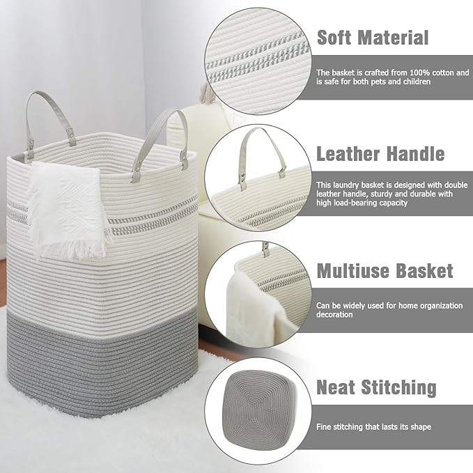 danpinera 75L Woven Laundry Hamper with Long Leather Handles, Baby Laundry Basket for Nursery, Tall Hampers for Bedroom Aesthetic, Decorative Clothes Storage Basket for Family White & Gray