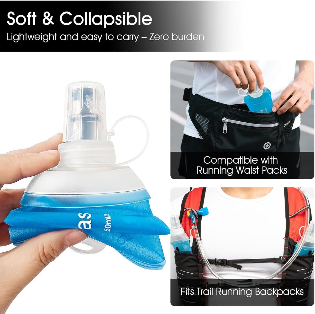 GYGYL Soft Flask, TPU Collapsible Soft Water Bottle for Hydration Pack, Running Vest, Leak-Proof Folding Water Bottle for Hiking Cycling Climbing Jogging-150ml Blue, 2pcs