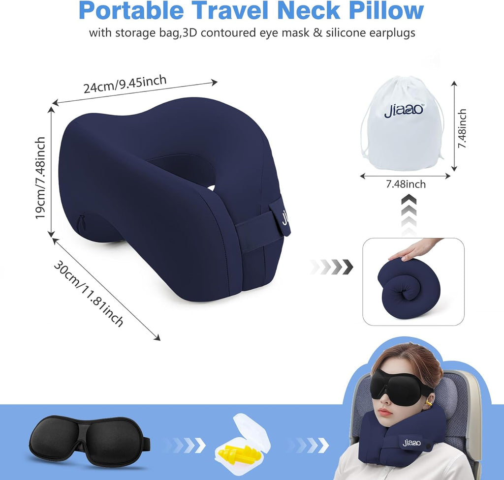 Neck Pillow Airplane, Advanced Neck Support for Long Flights, Ergonomic Memory Foam U Shape Pillows for Travel, Camping, Buses, Studying, Offices (Dark Blue)