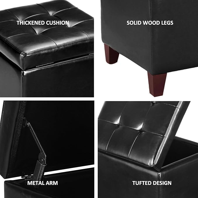 Adeco Storage Ottoman Foot Rest Stool, Leather Ottoman Footstool with Wood Legs and Hinged Lid, 18" Small Foot Stool Bench for Living Room, Bedroom, Black