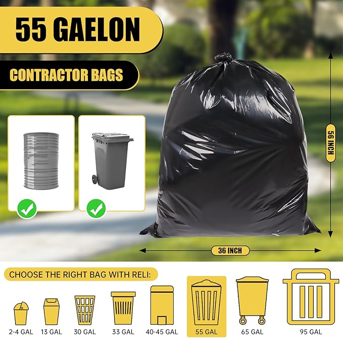 Heavy Duty Extra Large 55 Gallon Black Trash Bags, 1.92 Mil Industrial Garbage Bags for Construction, Waste Disposal,Commercial,Home Use,Out Door 20 Count