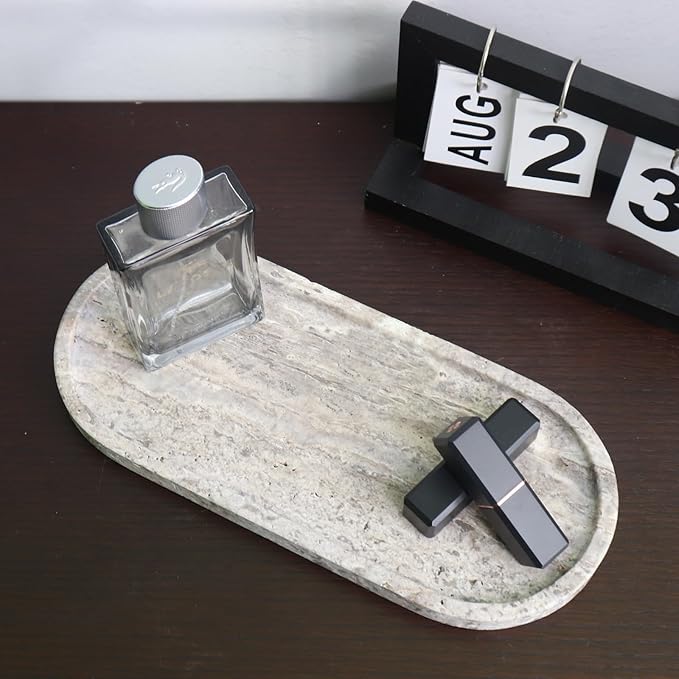 Natural Marble Tray, Oval Vanity Decorative Tray for Bathroom Counter, Countertop Stone Organizer, Catchall Tray for Kitchen, Perfume, Candles, Jewelry Dish Decorative Tray