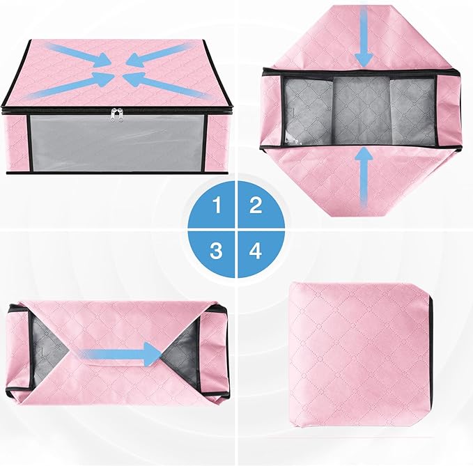 HomeHacks Storage 10-Pack Clothes Organizer Storage Bags Foldable Storage Box with Large Clear Window Sturdy Handles for Closet, Dorm, Pillows, Bedding, Clothes, Blankets, 35L, Pink