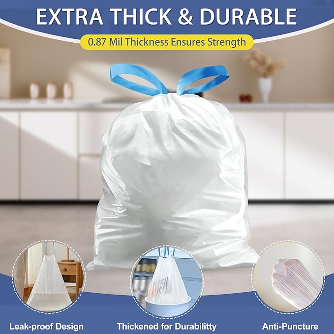 150 Count 2 Gallon Trash Bags Drawstring - 0.96 Mil Small Garbage Bags Unscented,Heavy Duty Trash Can Liners,7.5 Liter Wastebasket Bags for Home Bathroom Office Bulk