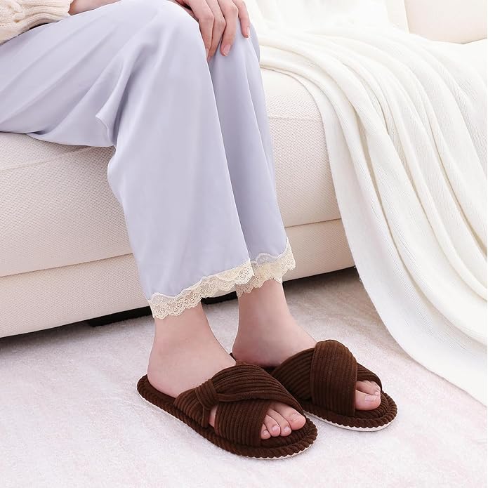 Evshine Summer House Slippers for Women Corduroy Cross Bow Indoor Slippers Open Toe Slip On Bedroom Shoes with Memory Foam