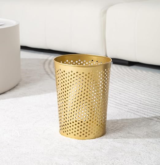 Small Gold Metal Trash Can Wastebasket, Decorative Hollow-Out Garbage Can Waste Paper Bin, Modern Farmhouse Round Trash Bin for Bathroom, Bedroom, Kitchen and Office (Dots)
