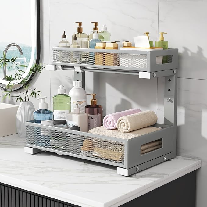 1 Pack-11.4"-16.14" H Under Sink Storage Organizer, Large 2-Tier Elegant Mesh Pull Out Shelf for Kitchen & Bathroom Cabinet Organization, L-Shaped, Adjustable Height-Gun Gray