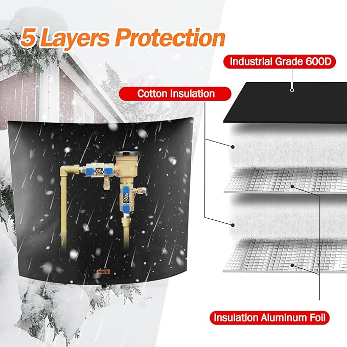 Backflow Preventer Pipe Insulation Cover (5°F) - Irrigation Sprinkler Valve Insulated Pouch - Water Well Pump Cover - Sturdy 5 Layers for Winter Freeze Protection, 40" W x 40" H, Black