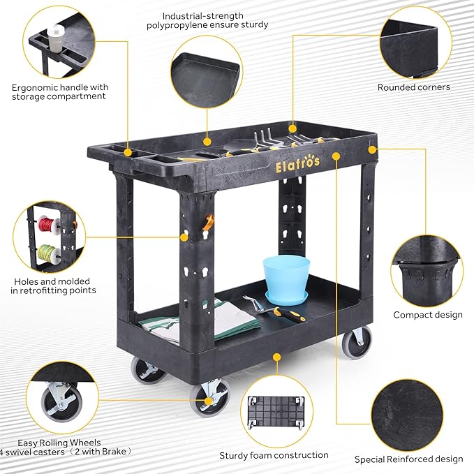 ELAFROS Heavy Duty Plastic Utility Cart 34 x 17 Inch - Work Cart Tub Storage W/Deep Shelves and Full Swivel Wheels Safely Holds up to 550 lbs - 2 Tier Service Cart for Warehouse,Garage, Cleaning