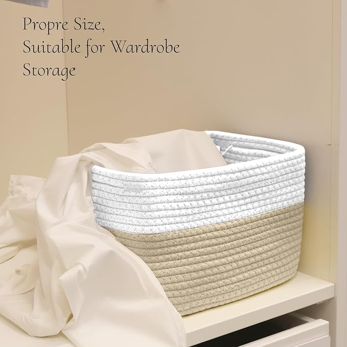 Hopegiver Woven Storage Baskets 11x8x7 Inch, 3 Pack Collapsible Cube Storage Bin for Shelves - Foldable Cotton Rope Organizer Bins for Towels, Toys, Books, Closet, Nursery (White Khaki)