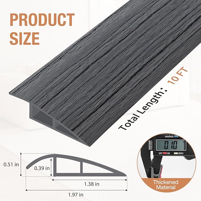 Floor Transition Strip Self Adhesive Vinyl Door Threshold for Doorways Carpet Edging Trim Overlap Edge Reducer for Laminate Floor, Carpet, Tile (Deep Gray Wood Grain, 1/5" to 2/5", 10Ft)
