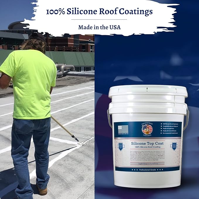 Countryman Coatings 100% Silicone Roof Coating - Restore Your Roof in a Day - Seal Leaks, Cracks, Seams, Penetrations - Adheres to All Surfaces (4.75 Gallon, Light Gray)