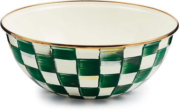MACKENZIE-CHILDS Enamel Everyday Bowl, Serving Bowl for Entertaining, Medium, Green-and-White Emerald Check