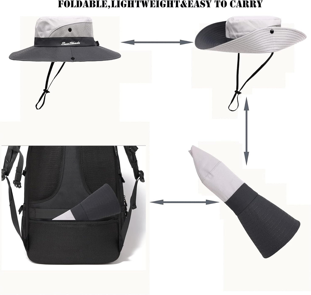 Womens Summer Sun Hat Beach Hat Wide Brim Outdoor UV Protection Hat Foldable Cool Mesh Ponytail Bucket Hat