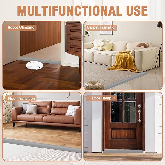 Floor Transition Strip Self Adhesive Vinyl Door Threshold for Doorways Carpet Edging Trim Overlap Edge Reducer for Laminate Floor, Carpet, Tile (Gray, 3/5" to 4/5", 6.6Ft)