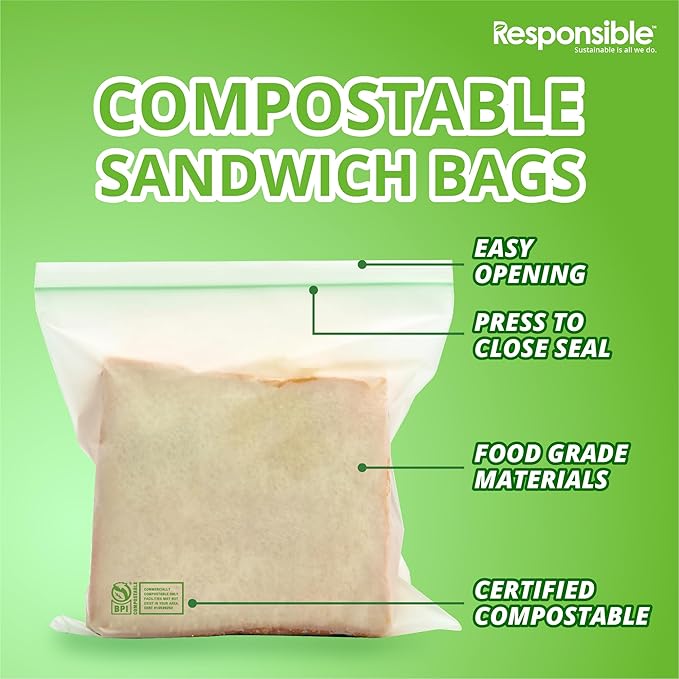 Responsible Products Certified Compostable SANDWICH Resealable Zip Bag, Extra Strength Food Bags, Made from Plant Materials (136 Pack)