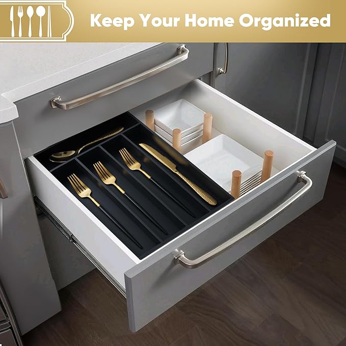 Silverware Organizer, 10 Inch Utensil Organizer Kitchen Drawer Organizer Bamboo Silverware Holder Cutlery Tray Organizer in Drawer Flatware Organizer Tray(5 slots, Black）