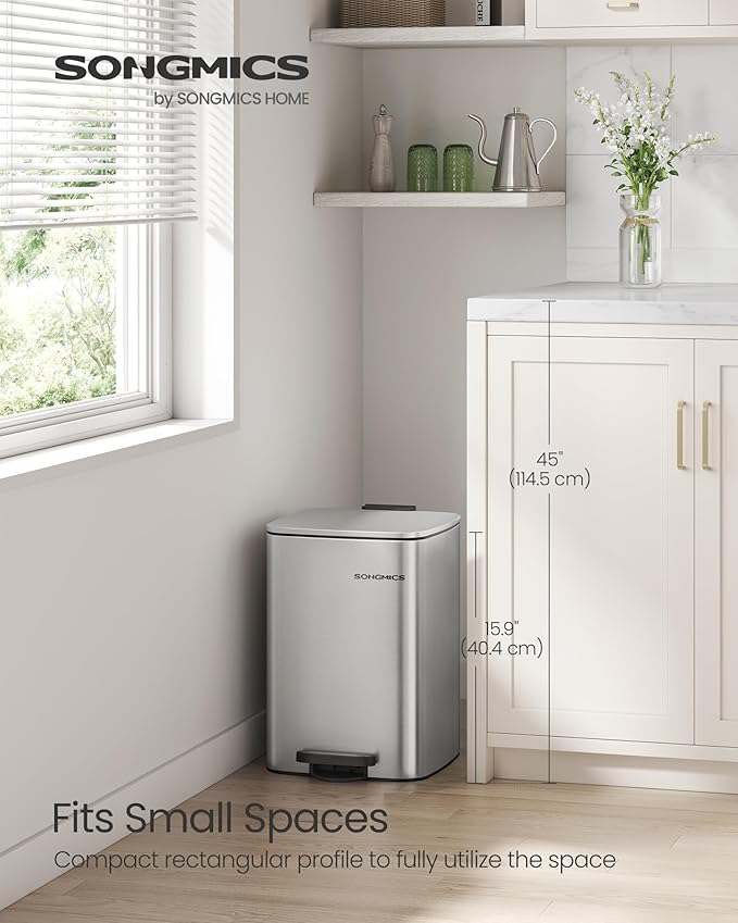 SONGMICS Kitchen Trash Can, 5.2-Gallon (20 L) Trash Bin, Stainless Steel Garbage Can, with Inner Bucket, Soft Close and Stays Open, Metallic Silver ULTB592E01