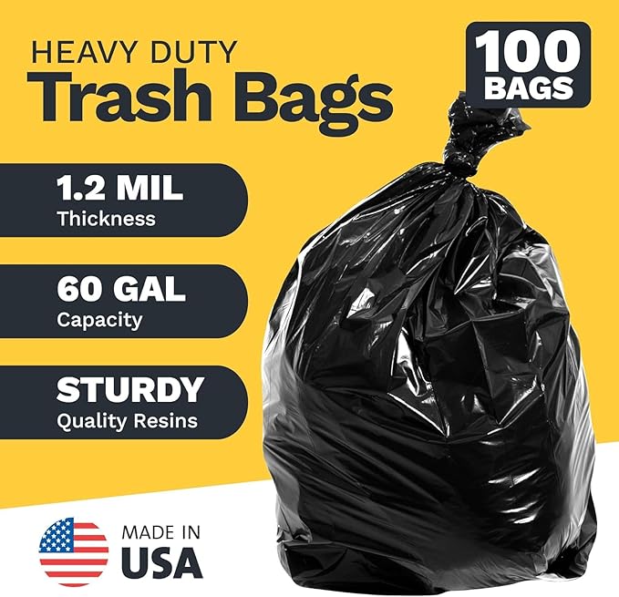 ToughBag 55 Gallon Trash Bags Heavy Duty (100 Count) - 50-60 Gallon Black Garbage Bags, Large Trash Bags - 38 x 58" - Made in USA