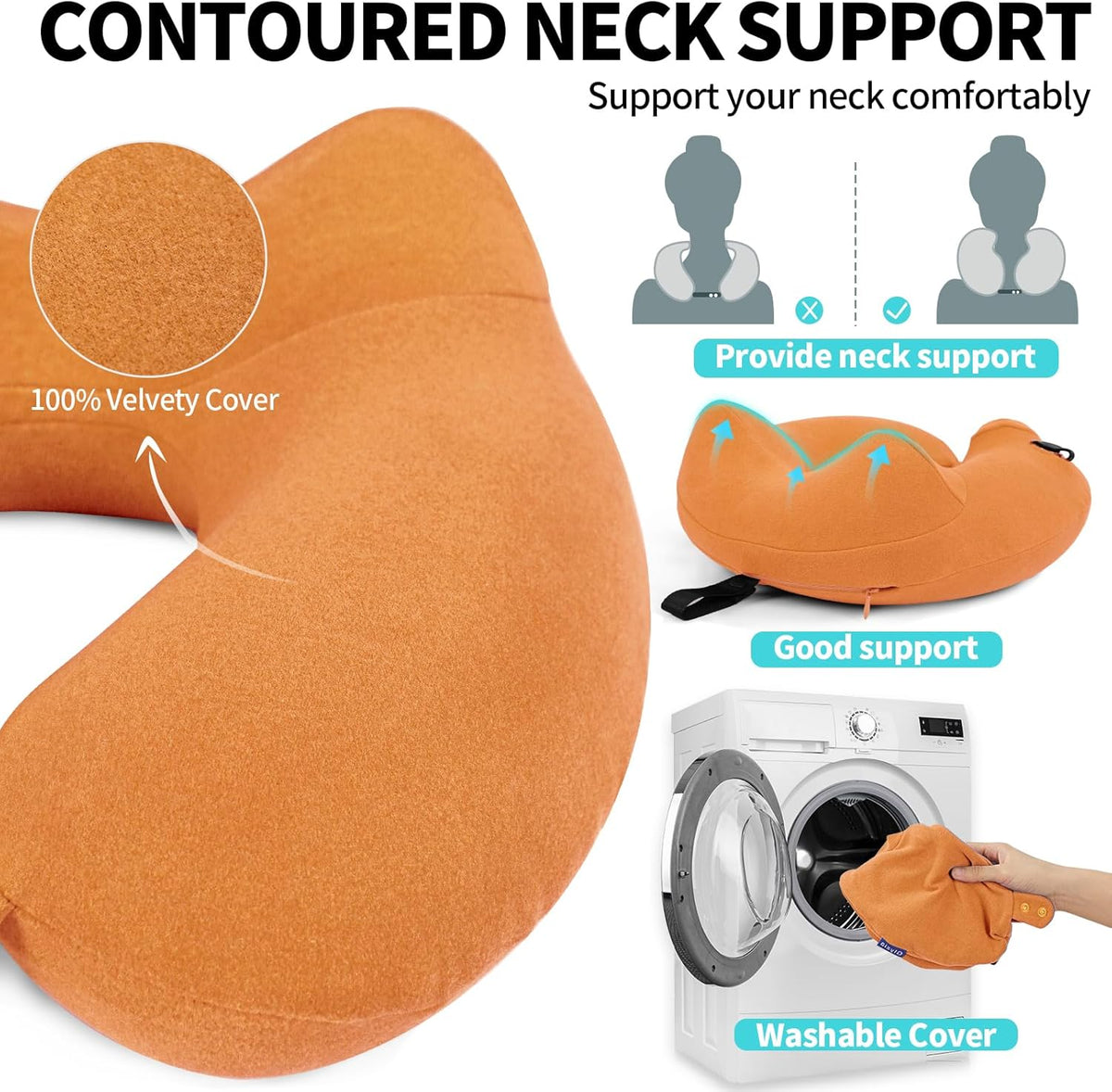 2 Pack Inflatable Travel Neck Pillows for Airplanes, Head Support Velvet Adult Neck Pillows for Long Flight, Kit with Eye Mask, Earplugs and Storage Bag, 2, Orange