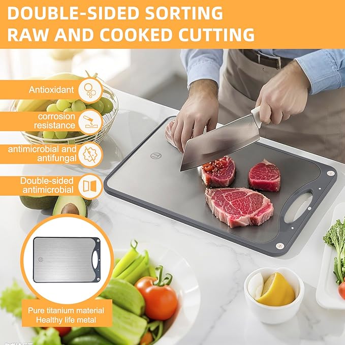 Titanium Cutting Board for Kitchen，Suitable for Handling Meat and Vegetables，Cutting Board Double Sided Food Grade，Pure Titanium and Wheat Straw PP，Dishwasher Safe, Easy to Clean, 15.08 * 10.35 Inches
