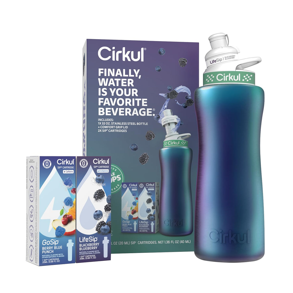 Cirkul 32oz. Chameleon Stainless Steel Water Bottle Starter Kit with Green Lid, 2 Flavor Cartridges (1 LifeSip Blackberry Blueberry, 1 GoSip Berry Blue Punch) No Sugar, Zero Calorie Drink Mix