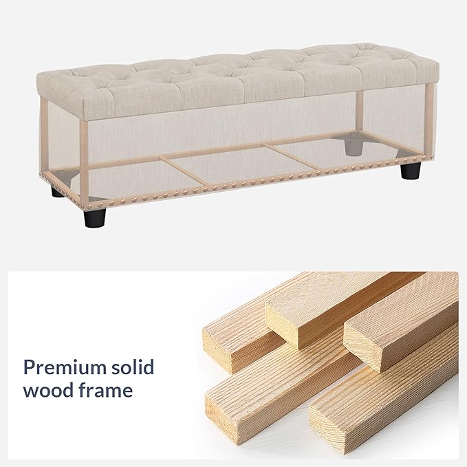 BELLEZE 47" Storage Ottoman, Storage Bench with Safety Close Hinge, Linen Button-Tufted Ottoman for Living Room, Entryway, Hallway, Foot Rest, Support 300lbs - Beige