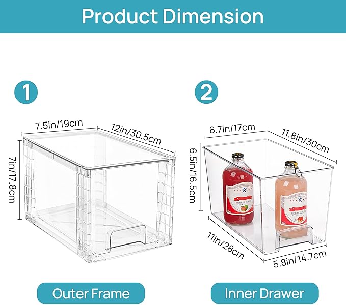 Vtopmart 2Pack Large Stackable Kitchen Pantry Storage Drawers, Clear Organizer Bins with Handles, Acrylic Drawer Organizers for Kitchen Pantry, Bathroom Undersink, Cabinet Organization and Storage