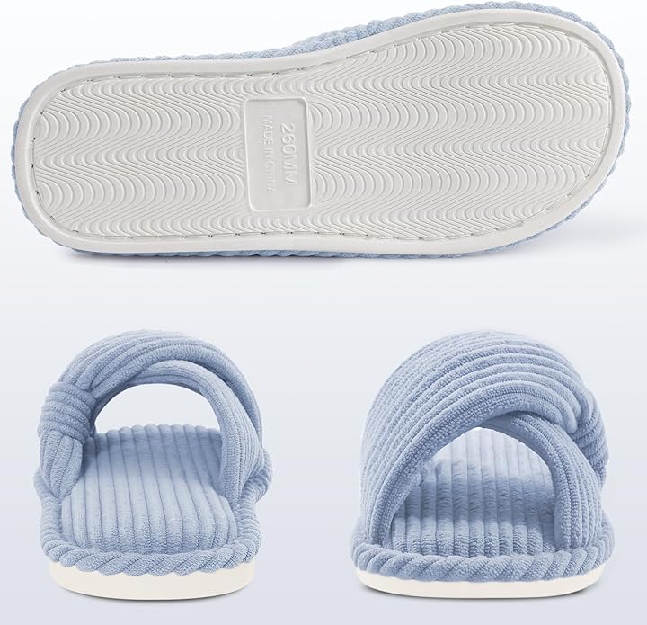 Evshine Summer House Slippers for Women Corduroy Cross Bow Indoor Slippers Open Toe Slip On Bedroom Shoes with Memory Foam