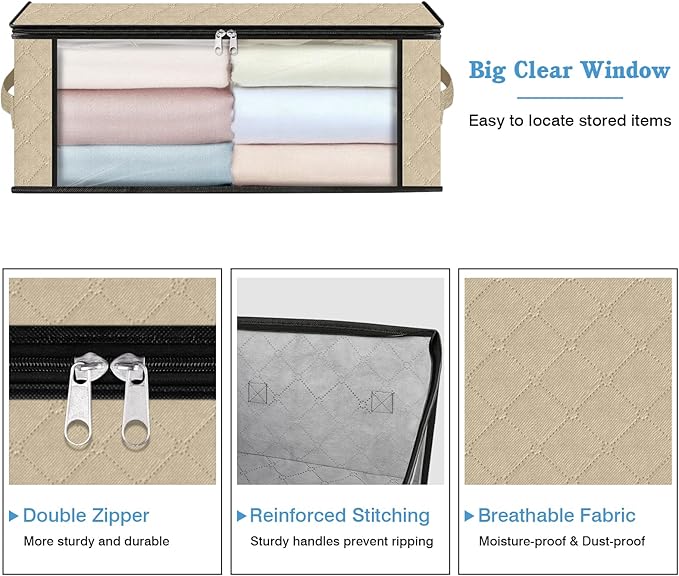 HomeHacks Storage 4-Pack Clothes Organizer Storage Bags Foldable Storage Box with Large Clear Window Sturdy Handles for Closet, Dorm, Pillows, Bedding, Clothes, Blankets, 35L, Beige
