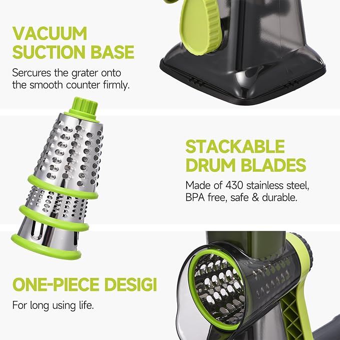 Rotary Cheese Grater with Handle Kitchen Shredder Slicer Grater Slicer Ice Shaver Cheese Vegetable Nuts Potato Zucchini Chocolate 3 Interchangeable Blades (Green TSP)