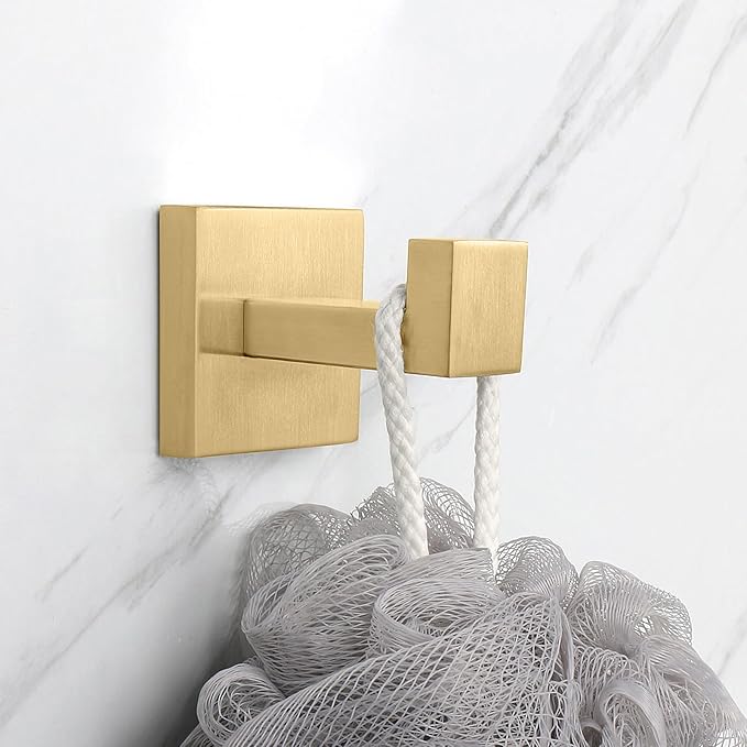 NearMoon Bath Towel Hooks -SUS304 Stainless Steel Square Clothes Robe Hooks Hanger, Heavy Duty Coat Hooks for Bathroom Livingroom Hotel Kitchen Garage, Wall Mounted (3 Pack, Chrome Gold)