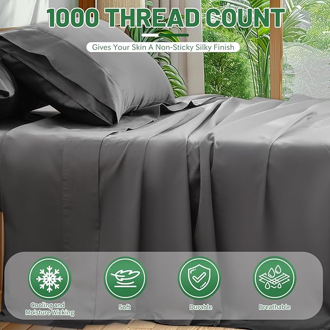 100% Egyptian Cotton Sheets Cal King Sheet Set 1000 Thread Count Sateen Weave Soft Breathable 16-Inch Deep Pocket 4PCS（California King,Dark Grey）