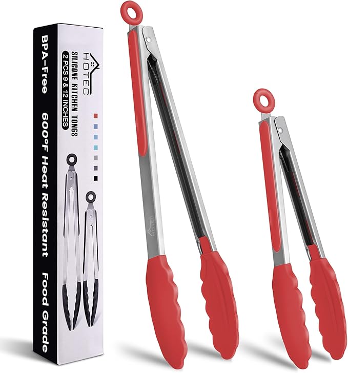 HOTEC Premium Stainless Steel Locking Kitchen Tongs with Silicon Tips, Set of 2-9" and 12"(Red)