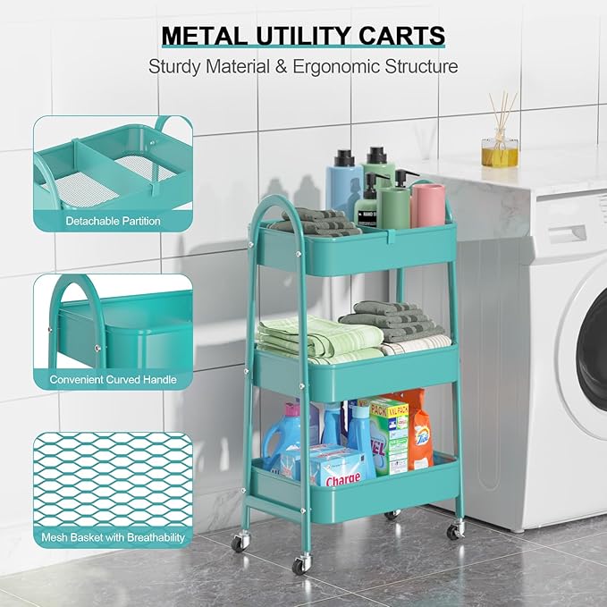 EAGMAK 3 Tier Utility Rolling Cart, Metal Storage Cart with Handle and Lockable Wheels, Multifunctional Storage Organizer Trolley with Mesh Baskets for Kitchen, Living Room, Office, Garage (Turquoise)