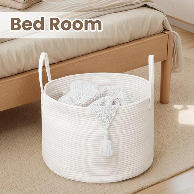 Woven Blanket Basket,115L Large Rope Storage Bin with Handles, Organizer for Blankets Toys Book and Clothes, Laundry Basket for Living Room Bedroom Nursery,White
