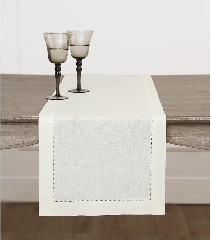 Solino Home Linen Ivory Table Runner 144 Inches Long - 100% Pure Linen Extra Long Table Runner 14 x 144 Inch for Christmas, New Year - Classic Hemstitch