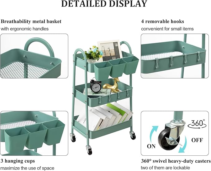danpinera 3-Tier Rolling Cart, Metal Rolling Storage Cart with Lockable Wheels & Hanging Cups & Hooks, Mobile Trolley for Kitchen, Bathroom, Office, Workshop, Green
