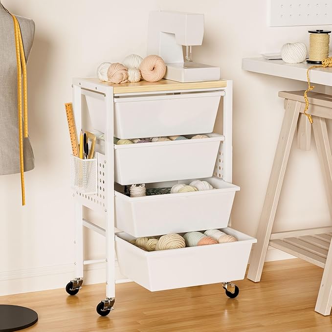 Rolling Cart with Drawers, Rolling Storage Cart with 5 Large Plastic Drawers & Wooden Tabletop, Utility Cart with Pegboards & Basket, Storage Drawers Cart for Living Room, Classroom, Bedroom, Office
