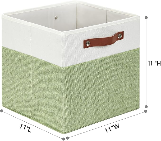 HNZIGE Fabric 11x11 Cube Storage Bins, Set of 4, Foldable Storage Cube Bin Baskets for Shelves with Handles, Bins for Cube Organizer Home Toy Nursery Closet(Green White)
