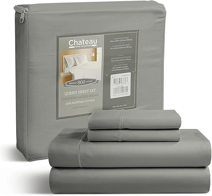 Egyptian Cotton Sheets Queen Size Bed Set Deep Pockets, 800 TC Cotton Queen Sheet Set, Soft Breathable Sateen Weave Elasticated Sheet & Pillowcase Sets, No Pill & Shrink, Machine washable- Silver